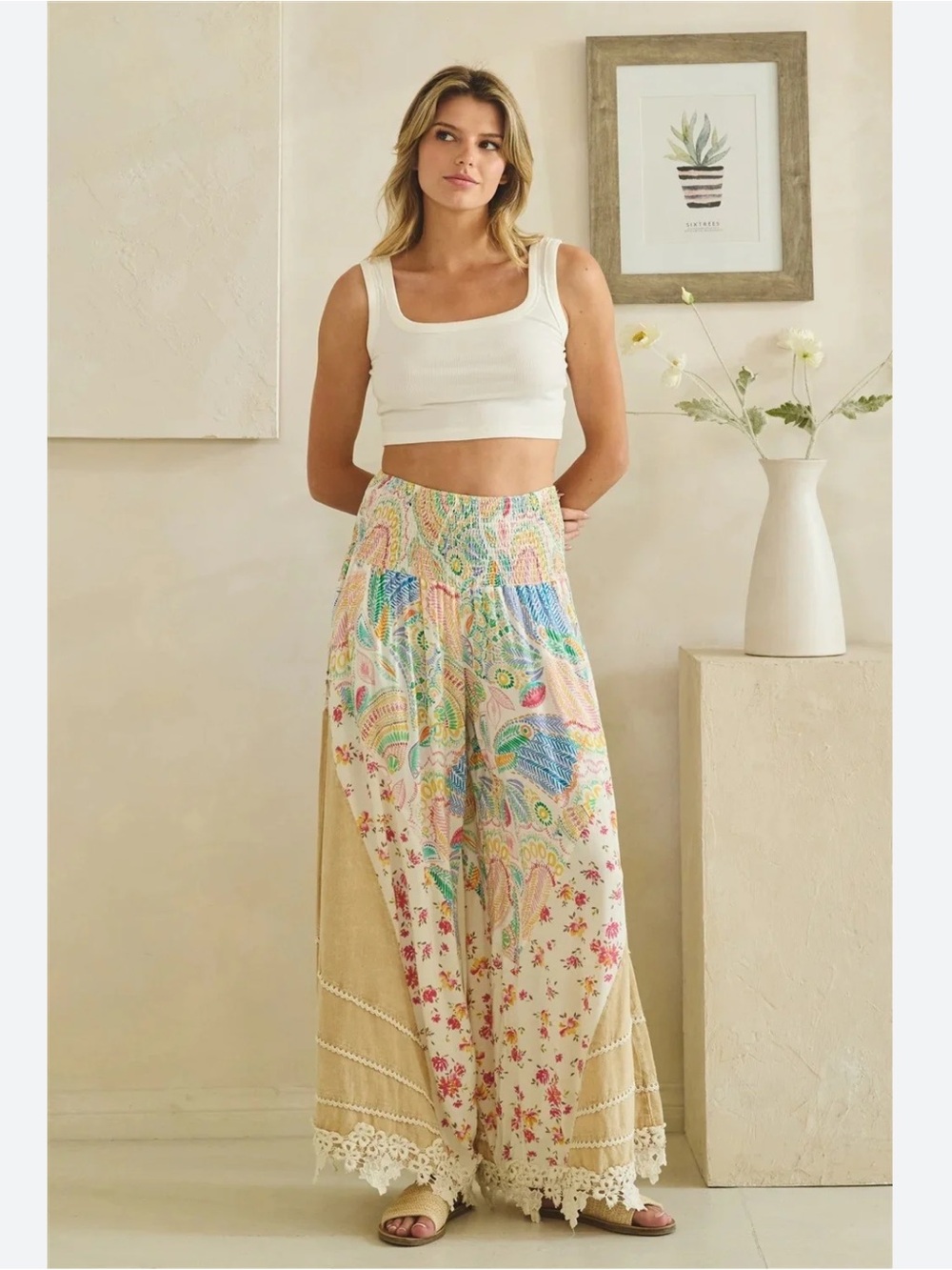 New:Oli & Hali Cream & Floral Boho Print Patchwork Lace Hem Wide Leg Pants•M